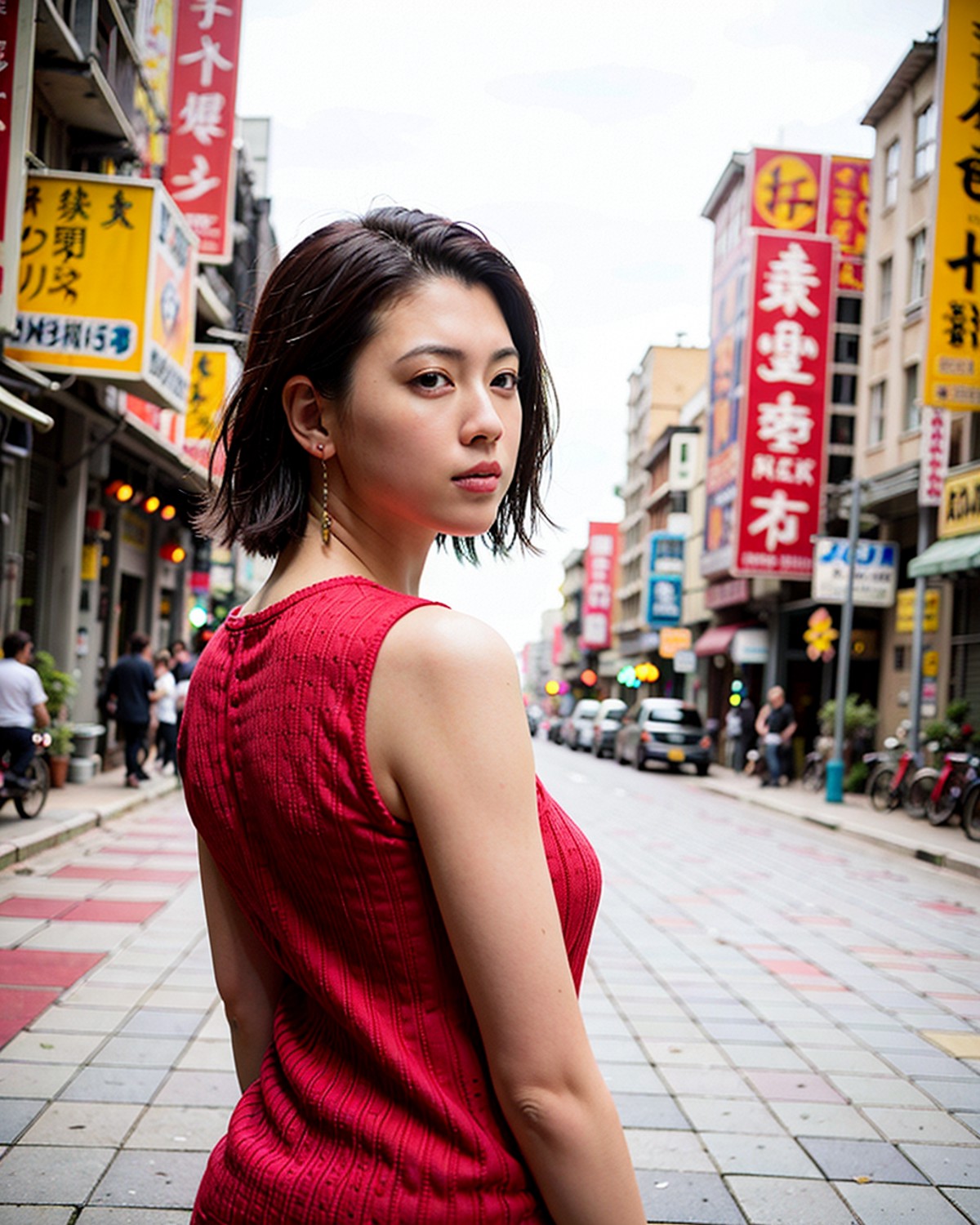 Ayaka Miyoshi, <lora:Ayaka Miyoshi:0.6>,a woman posing on the street corner with light orange high-neck dress on, best qua...